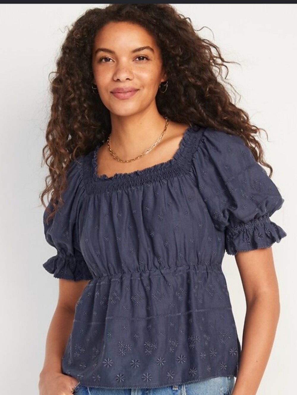 NWT Old Navy Blue Eyelet Smocked Off Shoulder Puff Sleeve Peasant Blouse Sz M
